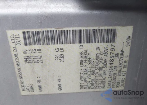 2011 Nissan Altima 2.5 S из США, поврежденный, VIN 1N4AL2AP5BN485797